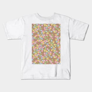 retro brown florals, groovy 60s pattern, 70s flowers, blue flower pattern, girly, for teen girl, retro, ditsy, ditsy daisy Kids T-Shirt